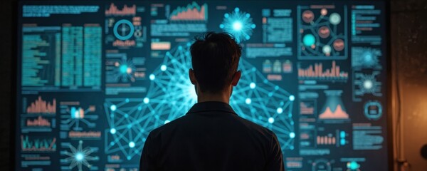 Man looks at large digital screen with data charts and network diagrams. He analyzes complex information with focus on artificial intelligence patterns and brain maps. Sci fi tech concept.