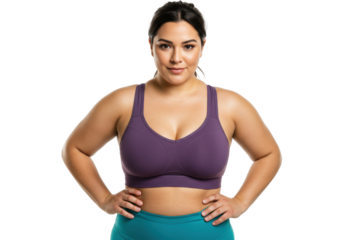 Confident plus size woman in sports bra isolated PNG, fitness and healthy lifestyle concept for activewear advertising