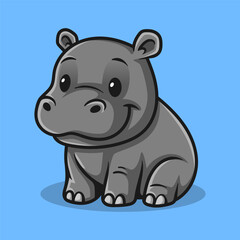 fun cute sitting hippo colored cartoon character isolated drawing line style sketch classic vintage design illustration