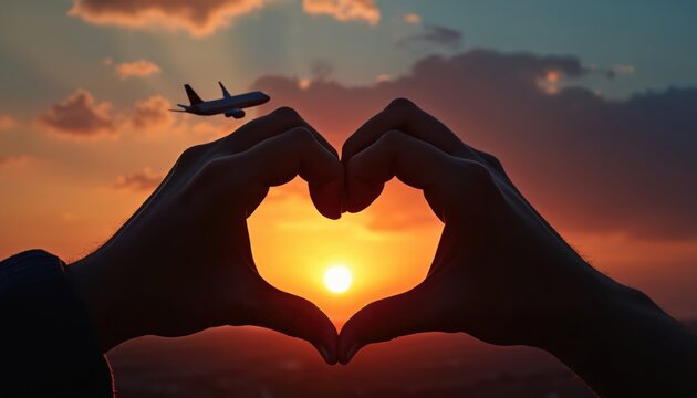 Hands form heart shape at sunset with plane in sky. Travel adventure and romance concept. Sun sets behind fingers. Passenger airplane flies in orange sundown. Dream of flying and journey. - Powered by Adobe