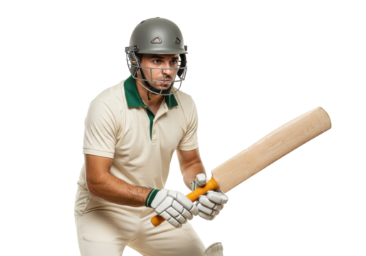 Cricket batsman in helmet and gloves holding bat isolated PNG, ready to hit the ball for sports, game, competition, and athletic performance