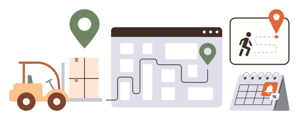 Forklift moving packages, digital map with delivery route, location markers, calendar, and delivery tracking icon. Ideal for logistics, delivery, supply chain, planning business e-commerce