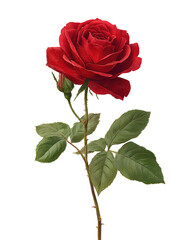 Classic long-stem scarlet rose with velvety petals and spiral center, three green leaves adding natural balance, isolated on transparent background
