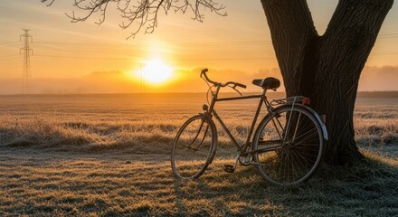 Naklejka premium Vintage bicycle under tree at sunrise in tranquil meadow scene