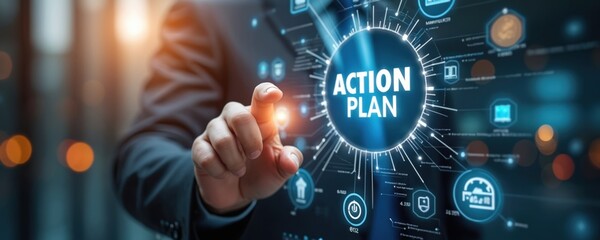 Businessman in suit points to virtual screen with Action Plan strategy concept. Man interacts with digital interface displaying various business icons, graphs. Hand touches glowing button on modern