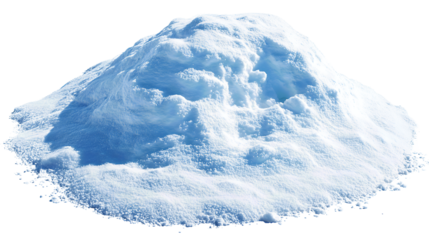 Rounded snow mound with soft saddle shape and faint blue hollow, fine powder texture with tiny sparkles, isolated on transparent background
