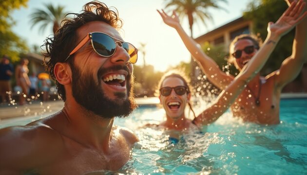 Group of diverse friends laugh heartily splashing in pool water. Young men, women enjoy bright sunny day together creating joyful memories. People swim, play, fun in clear blue water on vacation.
