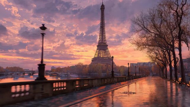 Paris at Sunset: Eiffel Tower and Autumnal Promenade