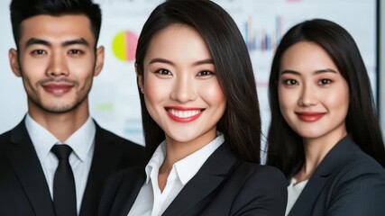 Diverse group of professionals in formal business attire collaborating at a modern office with data visualization graphics in background - Powered by Adobe