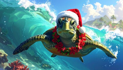 Festive green sea turtle swimming in a clear wave of water wearing a red flower lei and a red and white Santa hat.