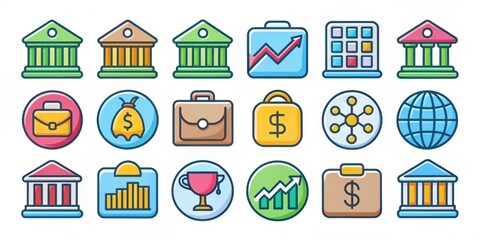 Set of colorful vector icons for finance, banking, and business management.