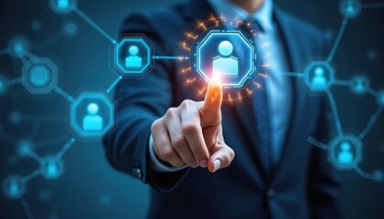 Businessman points to glowing user icon on virtual screen interface. Man interacts with secure digital network, ensuring data protection, online security. Access control, identity management,