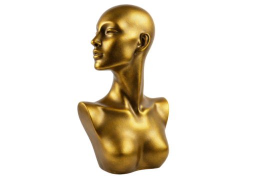 Golden female mannequin head and bust isolated PNG, elegant display for jewelry, fashion accessories and retail merchandise
