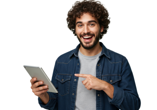 Smiling man with curly hair holding a tablet PNG isolated on transparent background, happy guy pointing at screen for technology concept