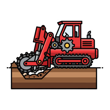 Red trencher machine digging a trench with gears and tracks, industrial construction equipment illustration