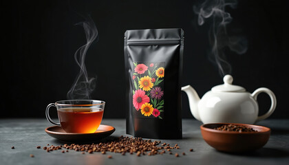 Black tea packaging mockup with floral design. Tea bag with pink and yellow flowers. Steaming cup of tea on saucer, white teapot and bowl with tea leaves on dark surface.