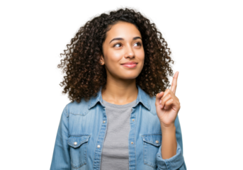 Smiling young woman with curly hair pointing up isolated PNG, concept of idea or solution on transparent background