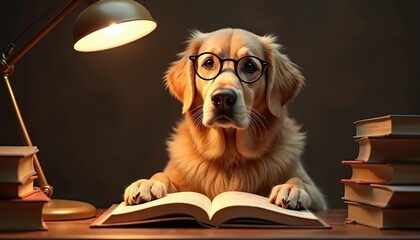 Golden retriever dog wearing glasses reads open book on desk. Puppy with eyeglasses studies literature surrounded by textbooks and lamp at home. Intelligent canine engaged in scholarly pursuit.