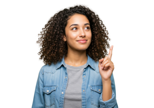 Smiling young woman with curly hair pointing up isolated PNG, concept of idea or solution on transparent background