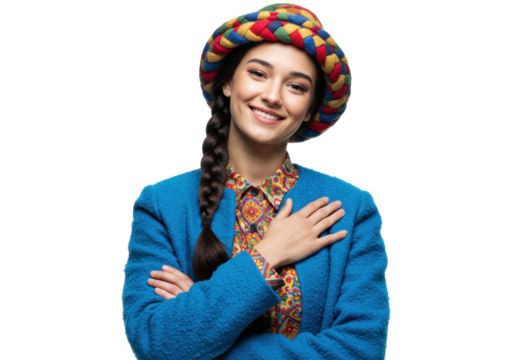Smiling woman with colorful hat and blue jacket isolated PNG, cheerful and stylish portrait on transparent background for fashion design