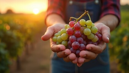 Farmer holds fresh ripe green and red grapes in cupped hands at sunset. Vineyard worker shows colorful grape harvest from field. Agriculture laborer presents juicy fruits in golden evening light.