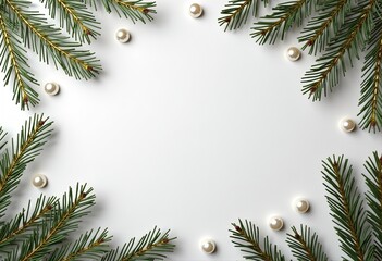 Simple winter background with green fir branches and white pearls on a light surface. Minimalist Christmas composition, clean frame for text, elegant holiday design 2026.