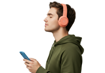 Young man with headphones using smartphone isolated PNG, listening to music and enjoying technology on transparent background