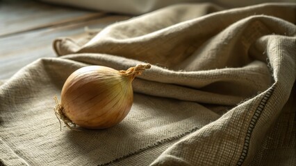 A single onion bulb on rustic linen cloth close up