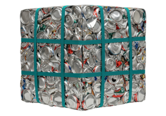 Compressed cube of aluminum cans isolated PNG, recyclable material for environmental conservation and sustainable waste management