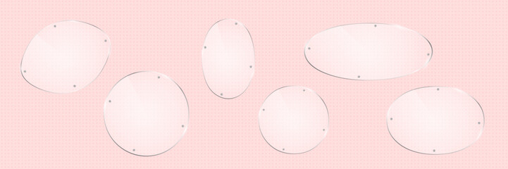 Vector realistic round shape glass frames with small silver screws on transparent pink background. Oval glossy graphic designs for banner, advertising, plate