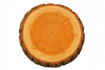 Tree trunk cross section showing annual rings and natural resin drops with transparent background