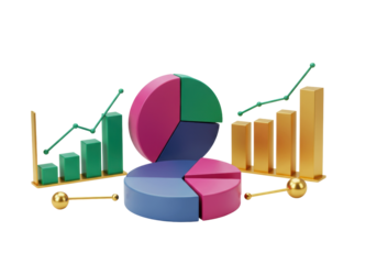 3D render of financial charts and graphs isolated PNG, business data visualization for presentations and reports on transparent background