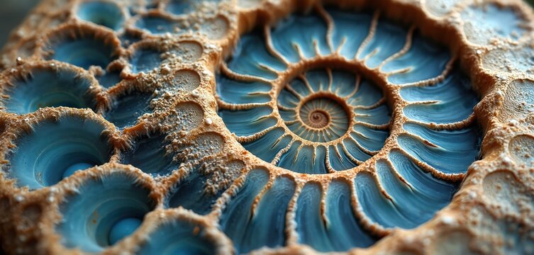 Close-up of ammonite fossil with spiral blue, brown shell texture. Macro view of prehistoric sea shell with curved layers, detailed surface patterns. Fossilized ammonite shell with nautilus-like