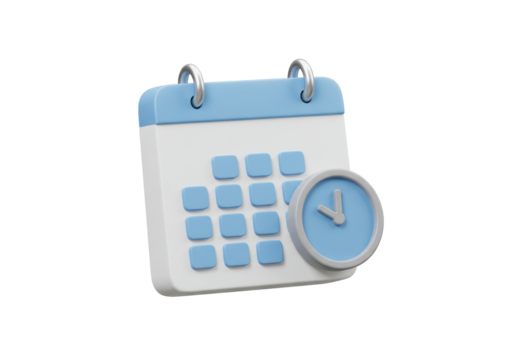 3D calendar with clock PNG isolated on transparent background, appointment reminder and time management concept for graphic design
