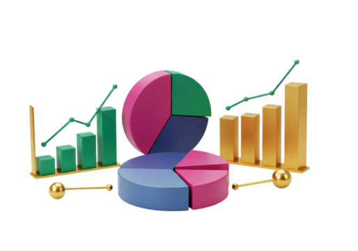 3D render of financial charts and graphs isolated PNG, business data visualization for presentations and reports on transparent background