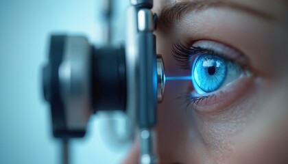 Close-up of blue eye during eye exam with modern equipment. Patient on vision test with ophthalmology device. Eye care professional conducts eye examination.