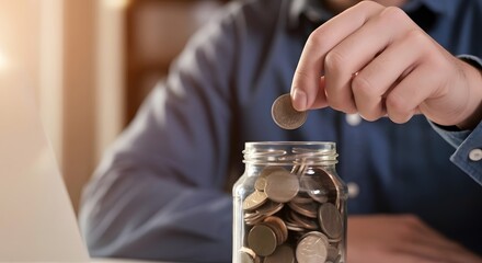 Man putting coin into glass jar full of coins, saving money.