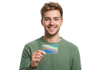 Smiling young man holding a credit card isolated PNG, financial services and online shopping concept