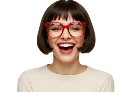 Cheerful brunette woman with red glasses laughing isolated PNG, portrait of a happy girl with bob haircut on transparent background