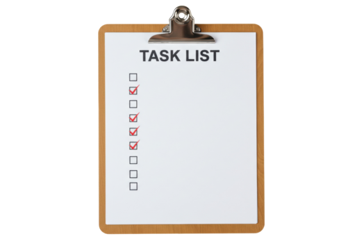 Task list on clipboard isolated PNG, checklist with completed tasks for organization and productivity