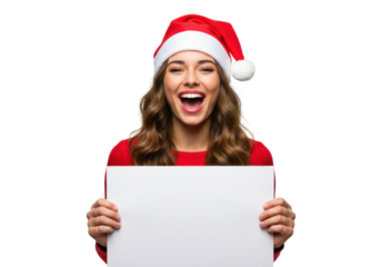 Excited woman in Santa hat holding blank sign isolated on transparent background, Christmas holiday mockup for advertising and seasonal promotions PNG