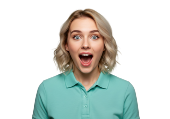 Surprised blonde woman with open mouth isolated PNG, portrait of a young girl in a turquoise polo shirt on transparent background