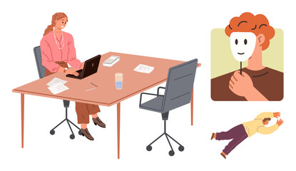 Office worker at desk with laptop, mask symbolizing emotional masking, and figure lying on floor, representing workplace stress, hidden identity, and exhaustion. Ideal for mental health, workplace