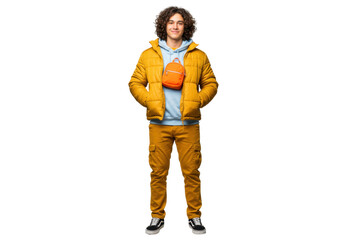 Naklejka premium Stylish young man with curly hair in yellow puffer jacket isolated on transparent PNG, trendy casual outfit for urban fashion
