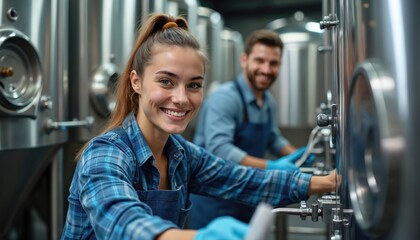 Brewery workers maintain large stainless steel tanks. Young woman smiles at camera, bearded man operates equipment. Wear protective aprons, blue gloves. Happy diverse team works in modern beer
