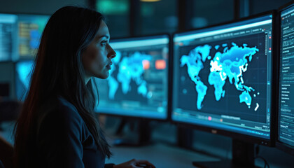 Woman analyst monitors world map data on computer screens in dark cyber security operations center. She works at night watching global network traffic and digital threats for company protection.