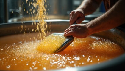 Close-up of brewer adding yeast to fermentation tank. Man mixing yeast cultures in large metal vat with shovel. Beer production process in brewery factory.