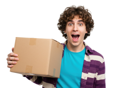 Excited young man with curly hair holding cardboard box isolated PNG, delivery guy with package on transparent background - Powered by Adobe