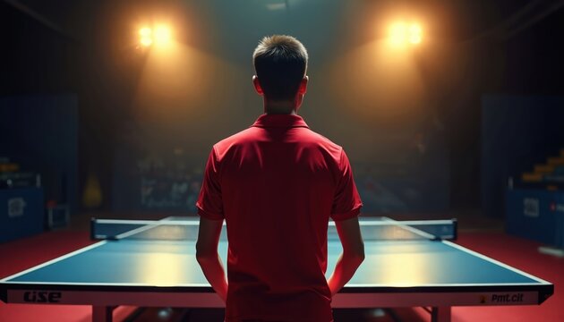 Back view of table tennis player in red shirt. He stands near table under bright spotlights. Athlete prepares for ping pong game. Sportsman is ready for challenge in championship.