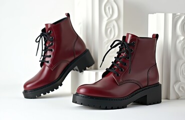 Burgundy leather lace-up ankle boots with thick black platform soles sit against white studio backdrop. Fashionable women boots feature classic combat boot silhouette perfect for urban adventures,
